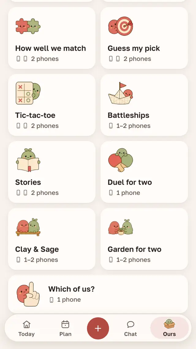 Games for two in Parella: How well we match, Guess my pick, Tic-tac-toe, Battleships and more